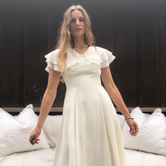 Vintage Dresses & Skirts - ✿VTG Beautiful White Flutter Neck Midi Dress M